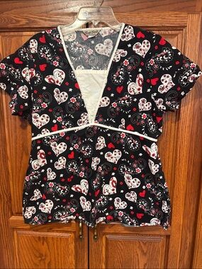 Comfy Cotton Charcoal Scrub Top with Red & White Heart Print
